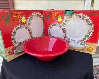 2 20 Piece Holiday Dishware Sets Plus One Red Stoneware Serving Bowl
