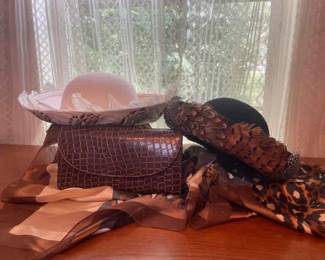 Feather And animal print hats, Scarf, And, Bag