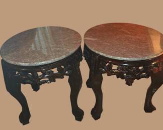 Pair Of Vintage Round Side Wood Tables With Removable Marble Tops