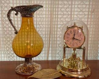 Gold Color Clock, Amber Glass Silver Plated Pitcher And More