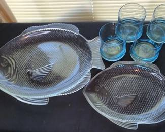 Fish Serving Platters And Blue Glasses
