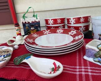 Assorted Holiday Decor And Eight Piece Dinnerware Mystery Lot