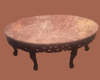 Hand Carved Pink Marble Top Oval Coffee Table