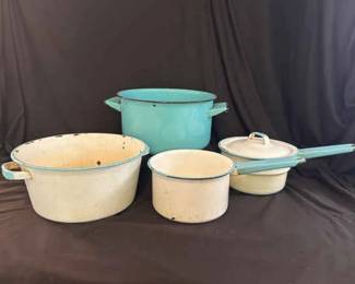 5 Piece White Turquoise Enamelware Pots Pans