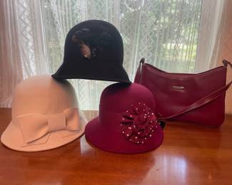 Cloche Hat Collection with Red Leather Style Bag