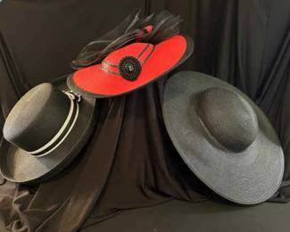 3 Black Red Wide Brimmed Hats