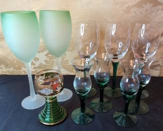 Green Themed Wine And Cordial Glasses