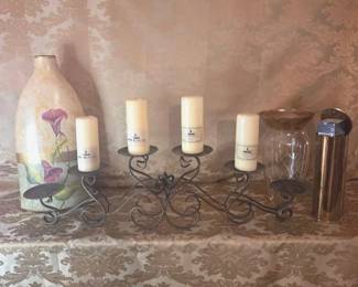 Decorative Lot For Mantle Featuring Iron Candle Holder, Hand Painted Bottle And Clear Glass Vase