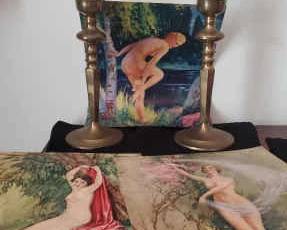 Vintage Brass Colored Candle Holders And Arcadia Prints