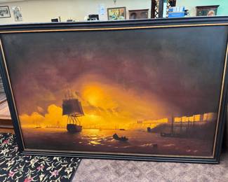 Massive (approx 5’ x 7’) oil painting of ships