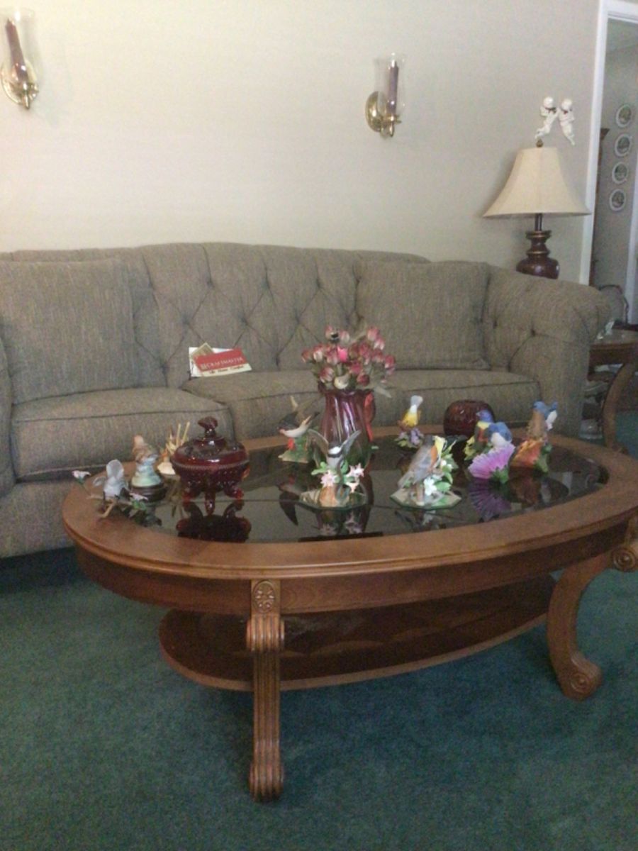 Craftmaster sofa, oval glass top beveled table, Lenox figurines, Westmoreland red grape candy dish