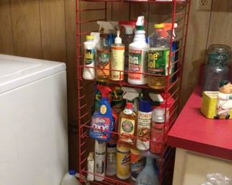 cleaning supplies, red storage shelf $50