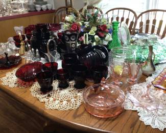 more vintage red glass dinnerware; pink depression glass; green depression glassware