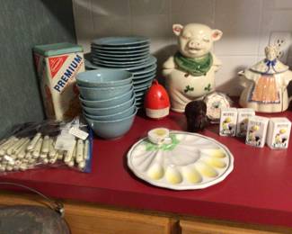 Vintage cookie jars; flatware; stoneware set; vintage tins.