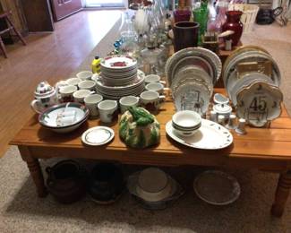 pine coffee table $40., stoneware set, decor plates, planters