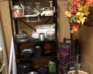 metal storage shelf $40.: lots of countertop appliances, canning pots