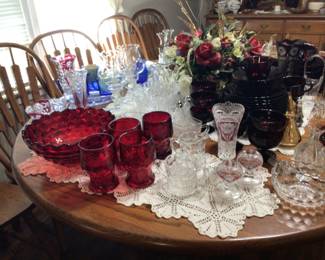 Ruby red centerpiece bowl; glasses; fostoria; candlewick glassware