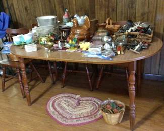 laminate top table with 6 chairs $200.: lots of kitchenware, large stoneware hen/tureen, stoneware, utensils