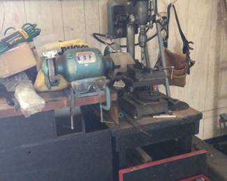 bench grinder, drill press, tool boxes (5) lots of hand tools