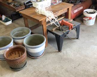 miter table, ceramic pots, craftsman air compressor