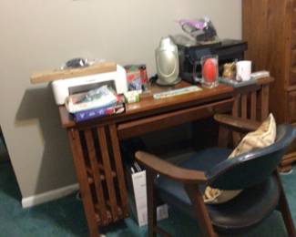 Mission style desk w/ side book shelves $200.; desk chair $40.
