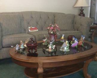 Craftmaster sofa, oval glass top beveled table, Lenox figurines, Westmoreland red grape candy dish