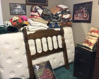 Twin headboard w/mattress set $150.; loads of linens