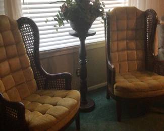 pair of MCM velour high back tufted chairs $225., plant stand