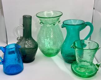 Kanawha Crackle Glass Vase & (4) Crackle Glass Pitchers