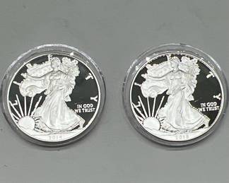 (2) Proof American Eagle Walking Liberty Silver Dollars — One Ounce Fine Silver 2014W & 2015W