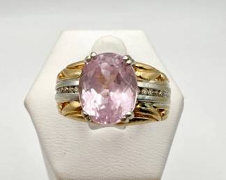 Two-Tone Pink Stone Cocktail Ring with Diamond Accents Size 8