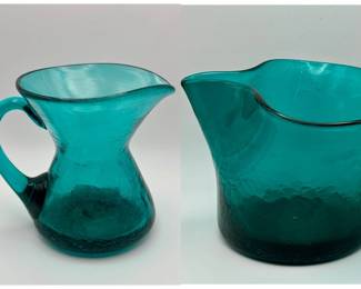 (2) Large Blue Crackle Glass Pitchers