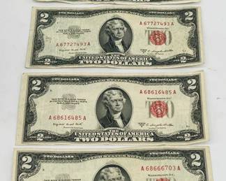 (4) 1953 Red Seal Legal Tender Notes “Will Pay To The Bearer On Demand Two Dollars”