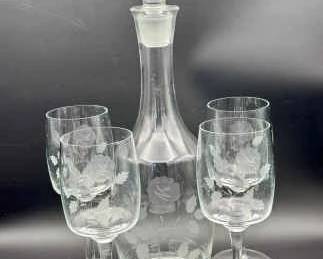 Etched Glass Decanter With (4) Cups