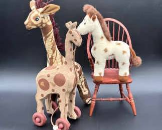 (3) Giraffes And A Miniature Wooden Chair