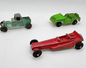 (3) Vintage Metal Toy Cars featuring Wedge Dragster & TootsieToy
Longest is 2.5". Ford Model T Hotrod has one weird tire, as shown, and it doesn't roll. The other two cars roll fine.