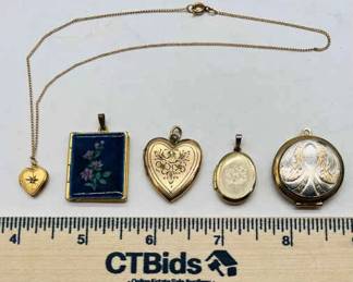 (5) Locket Pendants & Necklace incl. 1/20 12K Gold & 1/20 10K Gold