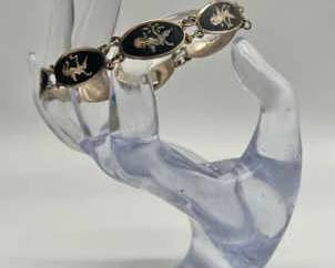 7.5” Vintage Siam Sterling Silver & Black Enamel Bracelet