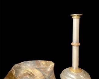 Pewter & brass candlestick & handmade ceramic dish