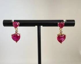 10K Gold with Heart Shaped Red Stones (Rubies?) & Diamond Accents Earrings (2.7 Grams)