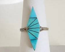 Native American Zuni? Sterling Silver with Inlaid Turquoise Stones Ring - Size 7 1/4 (2.5 Grams)