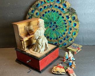 Antique Music Box, Peacock Fan and Miniature Dolls
