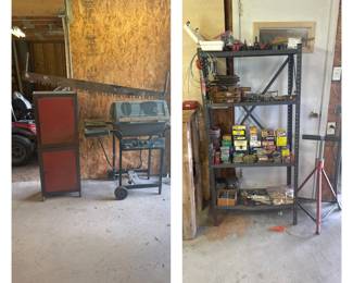2pc Metal Stacking Cabinet; Gas Grill; Metal Shelving Unit; Nails, Screws; etc; Dry Wall Stand; Clamps
