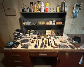 Large Wooden Desk; Metal Shelving Unit; Tools