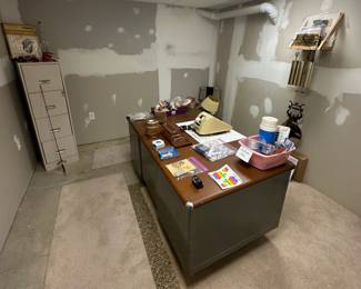 Large Metal Desk; 4 Drawer File Cabinet; Guts for Grandfather Clock; Ford/ Aerostar Items; Vintage Adding Machine