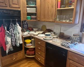 Aprons; Tupperware; Glasses; Platters; Plates; Bowls; Pyrex