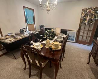 Dining Room Table, Chairs and Leaf; Collectors Plates; Dinnerware Sets
