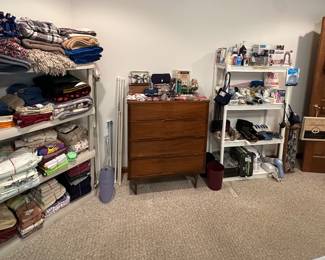 Linens; Throw Blankets; Towels; Sheets; Tablecloths; Shower Curtain; Shower Curtain Rods; MCM Dresser; Jewelry Boxes; Toiletries; BP Cuff; Stethoscope; Bandages and Tape; Afghans; Wastebaskets