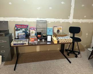 Desk; 2 Drawer Filing Cabinet; Office Chair; Puzzles; Office Supplies; Scale