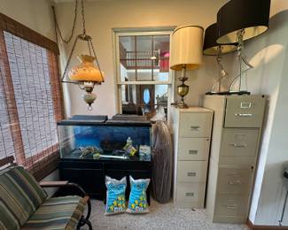 Large Aquarium and Accessories; 2 and 4 Drawer Filing Cabinets; Table Lamps; Hanging Gone with the Wind Style Light; Patio Glider